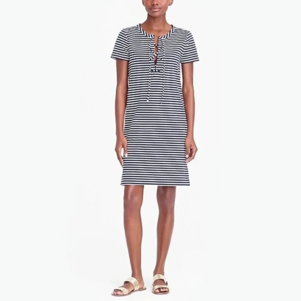 J. Crew Striped Nautical Mini Dress Medium Short Sleeves Lace Up Coastal H9354